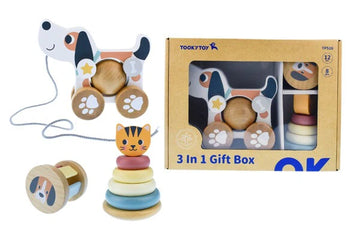 3 IN 1 WOODEN BABY RATTLE GIFT SET PUPPY DOG