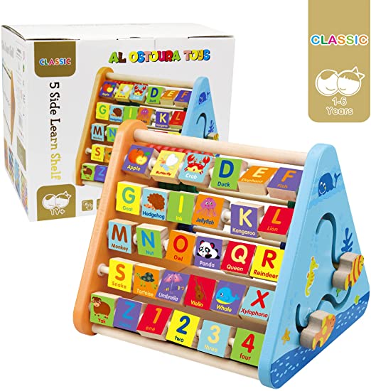 Wooden Activity Cube,5 Side Learning, Digital Colock ,Multi-Function Bead Maze, White Board, Abacus,Educational Toy ,1-2-3-4 Year Old Toy (5 in 1) LW0103